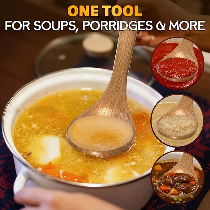 Wooden Ladle for Soup – 10.8×2.8" Deep Wood Ladle with 2.7 fl oz Capacity, Long Handle Hook-End & Lacquer Coating for Comfortable Grip – Easy-Clean Wooden Soup Spoon for Sauces, Stews & Kitchen Use