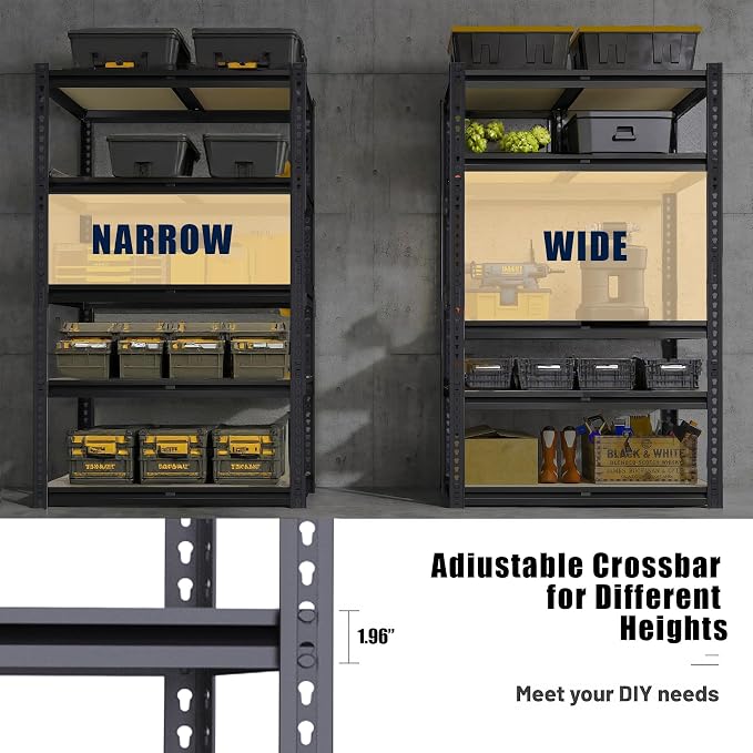 Garage Shelving, 2400 LBS Metal Storage Shelves, 12" x 28'' x 60'' Heavy Duty Shelf, Adjustable Shelving Rack, Standing Shelf Units, Shelves for Garage Storage