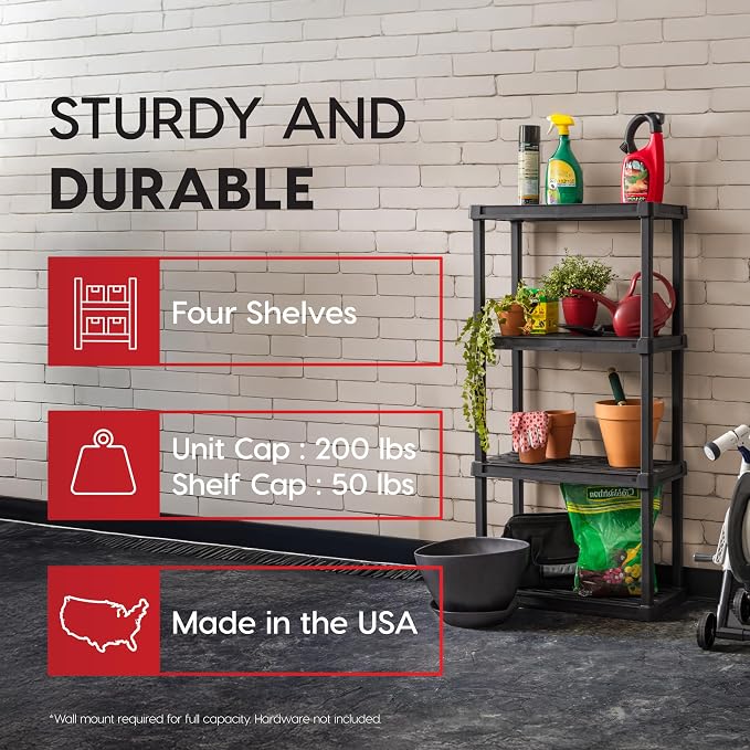 IRIS USA Plastic Storage Shelves |Made in USA| 48"H x 24"W x 12"D - Black | Light Duty Rack Organizer, 200lb Total Capacity, 50lb Per Shelf, Shelving Unit for Bathroom, Laundry, Home & Pantry
