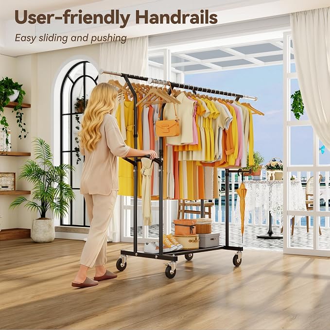 800LBS Heavy Duty Clothes Rack: Rolling Clothing Rack for Hanging Coat Double Rods Portable Wardrobe Garment Racks with Wheels Shelf Sturdy Metal Adjustable Bedroom Laundry Living Room (Brown)