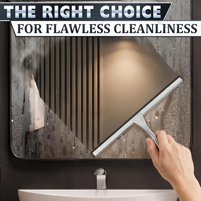 Shower Door Squeegee with Hook - 14" Silicone Blade, Stainless Steel Squeegee for Shower Glass with Adhesive Mount - All-Purpose Bathroom Tile, Mirror, & Window Wiper for Streak-Free Cleaning (Silver)