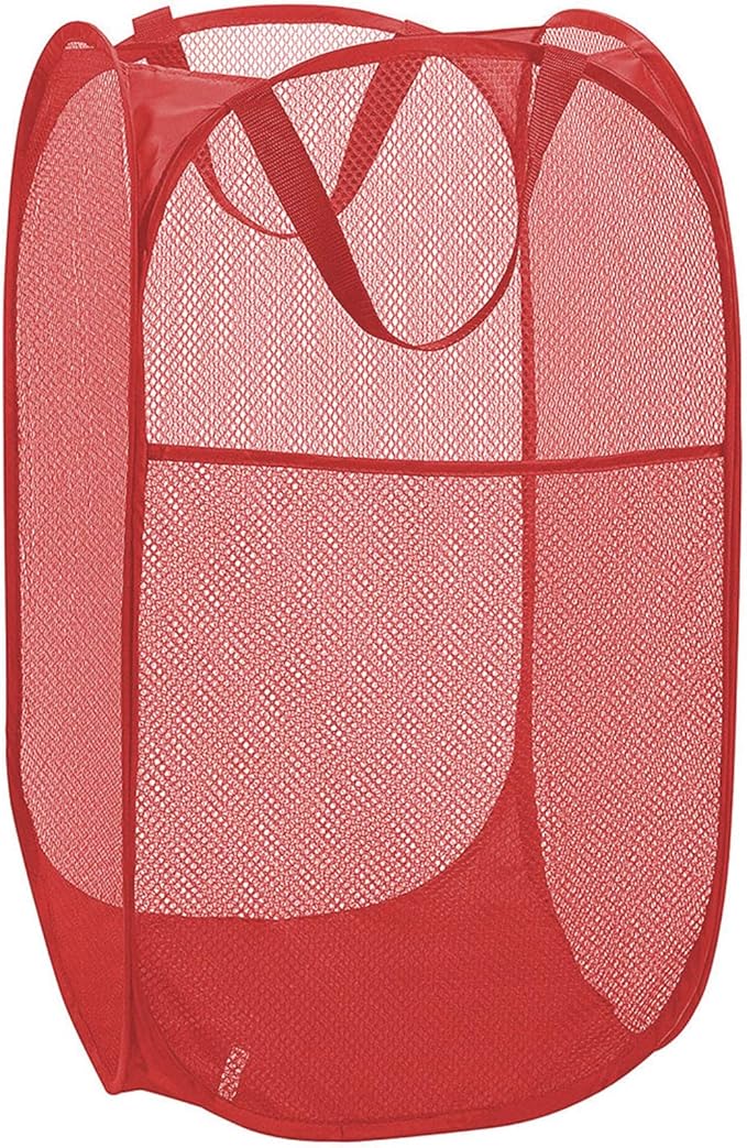 Pop up Hamper for Laundry, Collapsible Mesh Laundry Basket, Portable Foldable Clothes Hamper Storage Bin for Apartment, College Dorm or Travel, Red