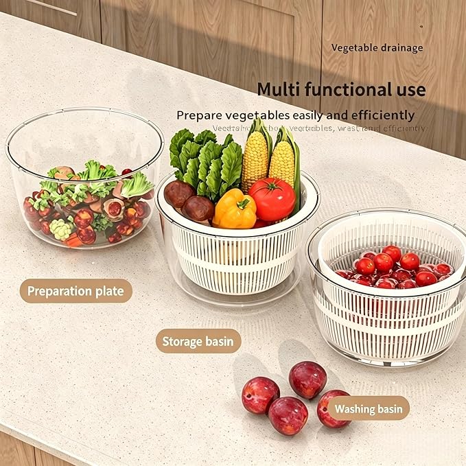 Manual Salad Spinner 5L Large, Rotary Handle Lettuce Spinner for Washing and Drying Salad Greens, Vegetable Washer and Fruit Dryer, 3-in-1 Colander & Serving Bowl | hand crank manual herb spinner salad tosser drainer bpa free kitchen gadgets healthy co...