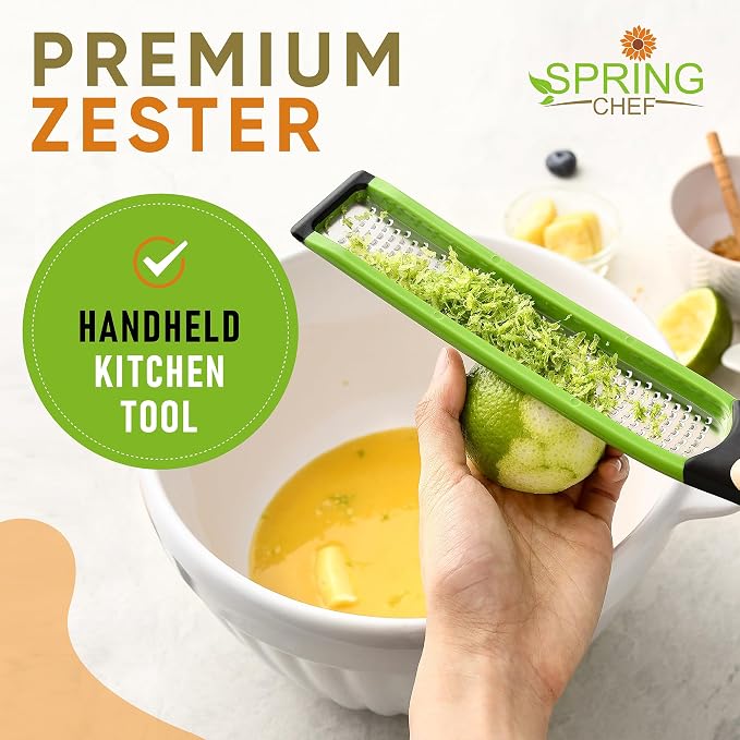 Spring Chef Premium Lemon Zester Grater with Handle - Orange, Garlic, Ginger, Nutmeg, Cheese Grater- Handheld Sharp Kitchen Tool - Stainless Steel Citrus Zester with Blade Cover - Fine Shred, Green