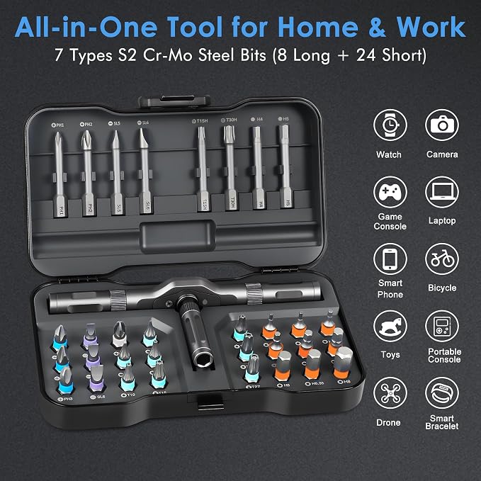 Asnish 34 in 1 Magnetic Screwdriver Set with Ratcheting Multi Bit | Repair Tool Kit with Interchangeable Bits, Precision Hand Tools for Electronics, Computer, Bike, Furniture & DIY Projects