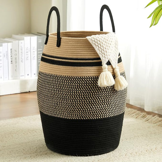 Extra Large Laundry Hamper Basket 105L Woven Blanket Basket, Brown & Black | Tall Clothes Hamper, Rope Wicker Laundry Basket, Storage Basket for Toys, Dirty Cothes in Bedroom, Living Room Organizer