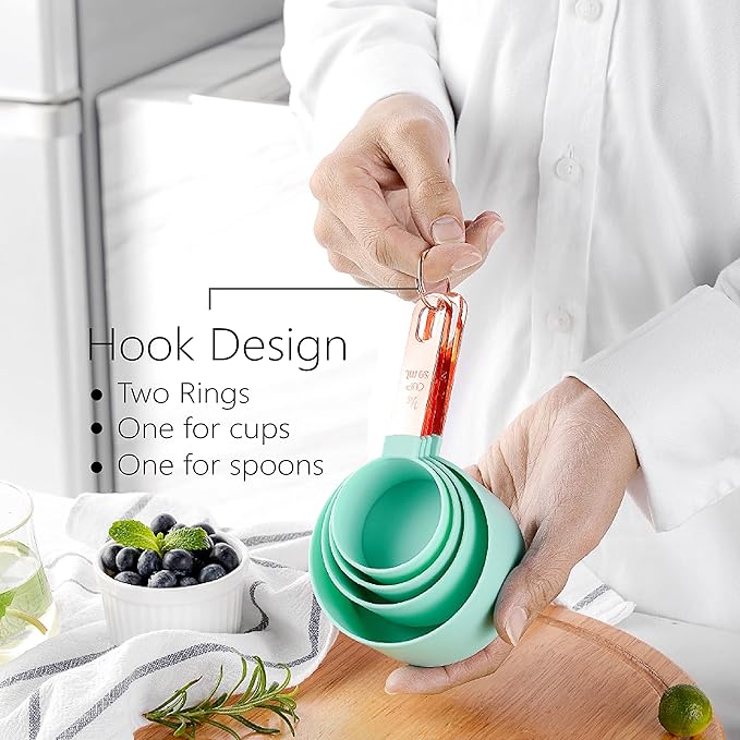 Rose Gold Stainless Steel Handle Measuring Cups and Spoons Set, 8 Piece Stackable Accurate Tablespoon for Measuring Dry and Liquid Ingredients Small Teaspoon with Plastic Head (Grey)