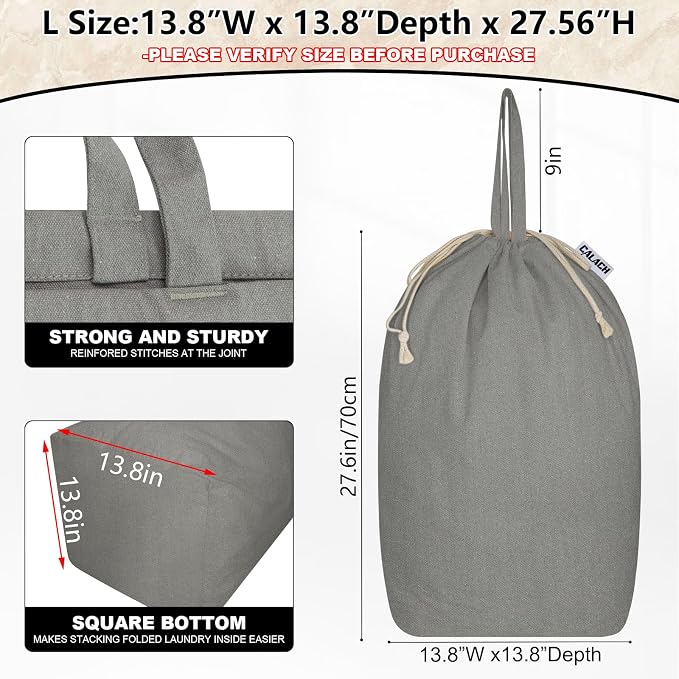 Canvas Laundry Bag with Handles & Square Base, Gray, 13.8"Wx13.8"Dx27.6"H | Large Heavy Duty Laundry Hamper Bag, Washable Drawstring Closure Dirty Clothes Sack for College Dorm, Home Storage