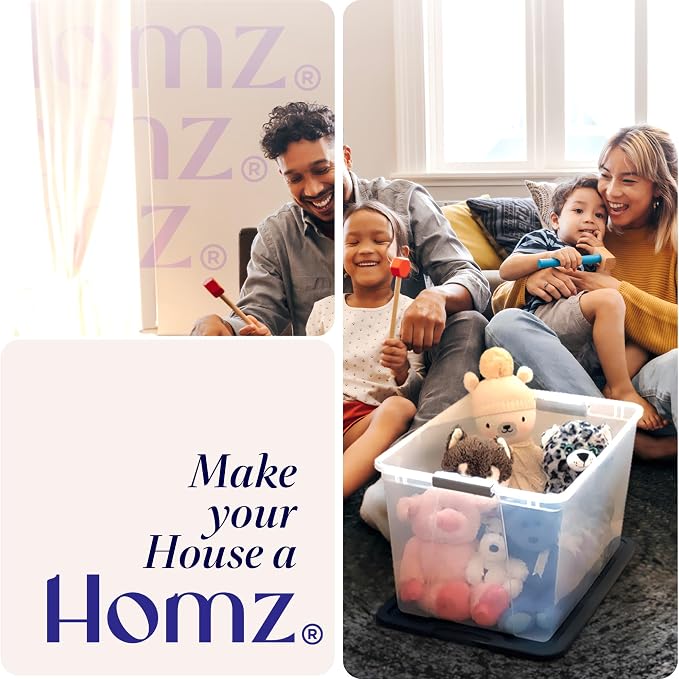 HOMZ Snaplock Clear Plastic Bin 56 Quart/14 Gallon | Storage Tote with Secure Lid | for Home, Office, Garage, Dorm Room Organizer | Stackable & Nestable | Blue Lid, Pack of 2