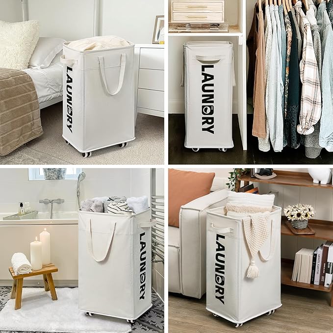 Goodpick 2-Pack Hamper with Wheels & Wash Bag, College Dorm Essentials,75L | Clothes Hamper with Removable Wash Bag for Laundry Room, Large Rolling Laundry Basket with Handles, White