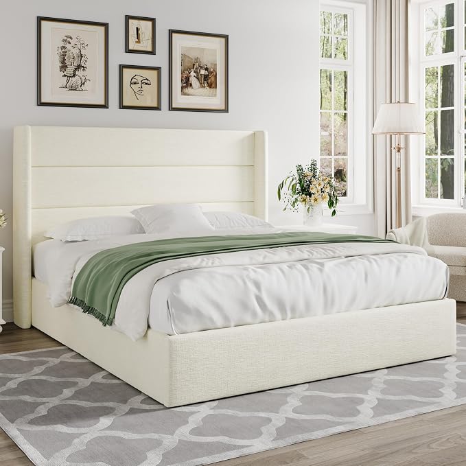 Allewie Queen Size Chenille Lift Up Hydraulic Storage Bed Frame Cream White | Chenille Fabric Upholstered, Modern Wingback Headboard, Hydraulic Support Storage, No Box Spring Needed