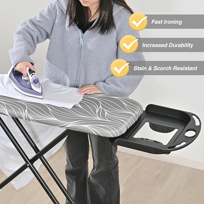APEXCHASER Foldable Ironing Board Full Size, Iron Board with Heat Resistant Cover, Iron and Ironing Boards Set with 7-Lever Height Adjustable, Iron Table Stand with Non-Slip Metal Legs 14x54, Grey