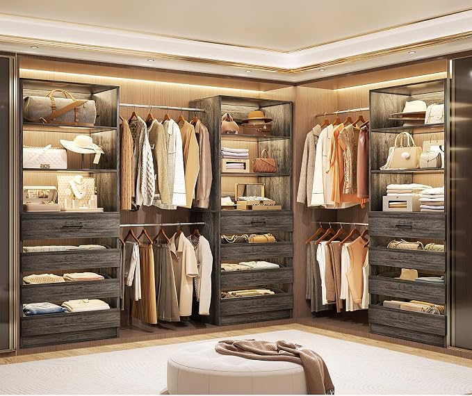Aheaplus Closet System with 12 Drawers, 8.5-11.5Ft Wood Closet Organizer System with 4 Hanging Rods & 3 Towers, 4Ft & 6Ft L-Shaped Walk-in Closets Wardrobe Organizer Clothes Rack, Set of 3, Black Oak