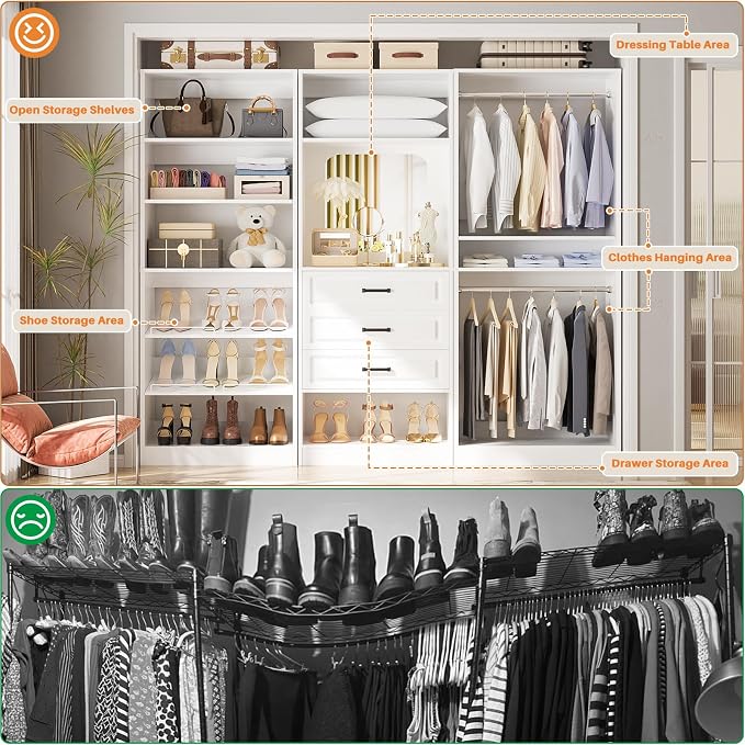 Unikito Modular Closet System with 3 Sets, 75”Closet Organizer System with Drawers, Mirror, Hanging Rods and Adjustable Shelves, Freestanding Wood Wardrobe Garment Rack, Walk in Closet Tower, White