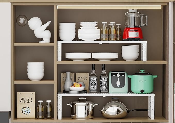 Jojocross Expandable Adjustable Stackable Kitchen Organizer, Spice Rack,Metal Pantry Storage Shelves Racks,Counter Shelf for Cabinets, Countertop, Cupboard(3 Packs/Large/White)