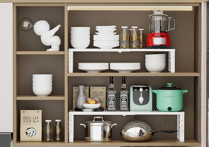 Jojocross Expandable Adjustable Stackable Kitchen Organizer, Spice Rack,Metal Pantry Storage Shelves Racks,Counter Shelf for Cabinets, Countertop, Cupboard (2 Packs/Medium/White)