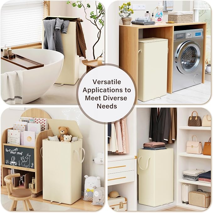 Criusia Laundry Hamper with Lid and Foot Pedal, 100L Fabric Laundry Basket with Removable Mesh Bag, Slim Foldable Design for Bathroom and Laundry Room (Beige)