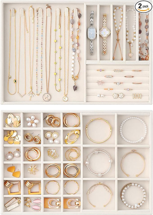 Lolalet Jewelry Drawer Organizer Inserts, Stackable Velvet Tray Jewelry Storage Organizers Set Display Cases for Necklaces Bracelets Earrings Rings Chains Bangles Watches, Beige, Set of 2