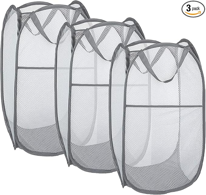 Larpur Pack of 3 Pop up Laundry Hampers, Collapsible Laundry Baskets, Gray | Portable Mesh Clothes Hampers for Home Room, College Dorm, Apartment, Foldable Hamper with Carry Handles