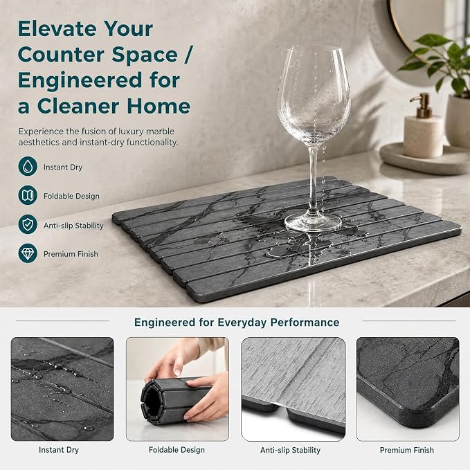 Large Stone Dish Drying Mat for Kitchen Counter, Quick Dry Stones Dishes Mats, Foldable Water Absorbing Diatomaceous Earth Drying Pad for Plate Rack Bottles Utensils (Dark Gray 24"×16" & 8"x4")