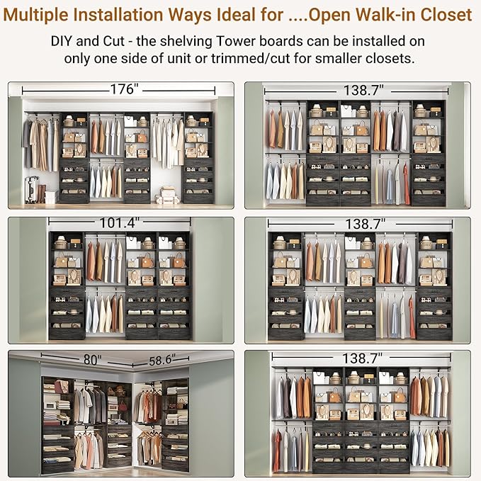 Aheaplus Closet System Set of 3, 138.5" Wood Closet Organizer System Tower with 12 Drawers & 4 Hanging Rods, 6.7+4.85Ft L Shaped Walk-in Closets Wardrobe Organizer Garment Rack with Shelf, Black Oak3