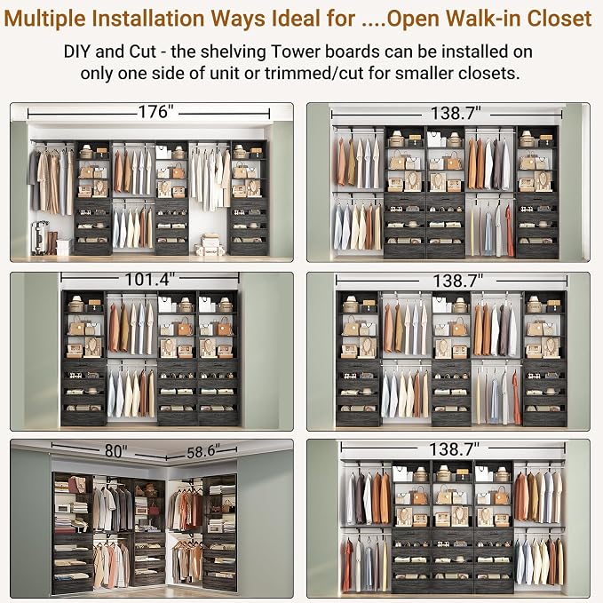 Aheaplus Closet System with 12 Drawers, 138.5" Wood Closet Organizer System with 4 Hanging Rods & Top Shelves, 6.7+4.85Ft L Shaped Corner Walk-in Closets Wardrobe Organizer Rack, Set of 3, Black Oak