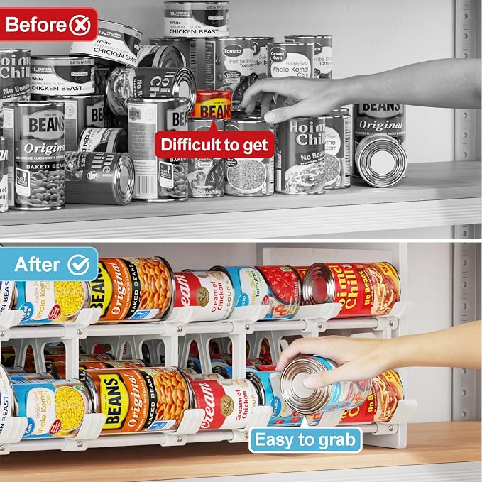 iSPECLE Pantry Can Organizer - Auto-Rolling, Expandable, Holds 120 Cans | White, Stackable For Walk-in Deep Pantry Shelve, Adjustable Width for Food Cans, Sturdy Metal Frame, Easy Access & Restocking