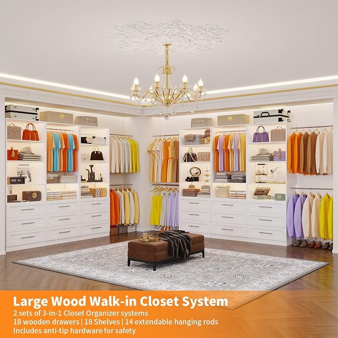 Closet System with 3 Sets, 6–20 FT Closet System with 9 Drawers, 9 Shelves & 7 Adjustable Hanging Rods, Max 244.3" Closet Organizer Systems for Walk-in Closets, Modular Custom Closet Tower, White