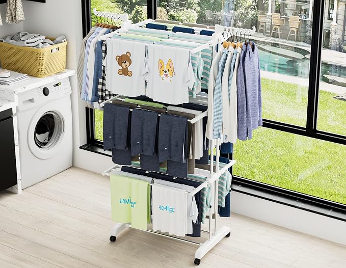 HOMIDEC Clothes Drying Rack, 4-Tier(67.7" H) Foldable Drying Rack Clothing | Foldable Stainless Steel Drying Rack, Movable Laundry Drying Rack with 4 Castors and 14 Hooks for Bed Linen, Clothing, White