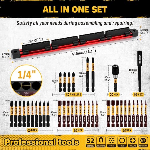 38-Piece Hex | Torx | Phillips Screwdriver Bit Set with 2.5” & 4” Bit Holder, Magnetic Bit Storage Rail, Allen Wrench Drill Bit Set, Tamper Proof Star Bit Set, S2 Steel