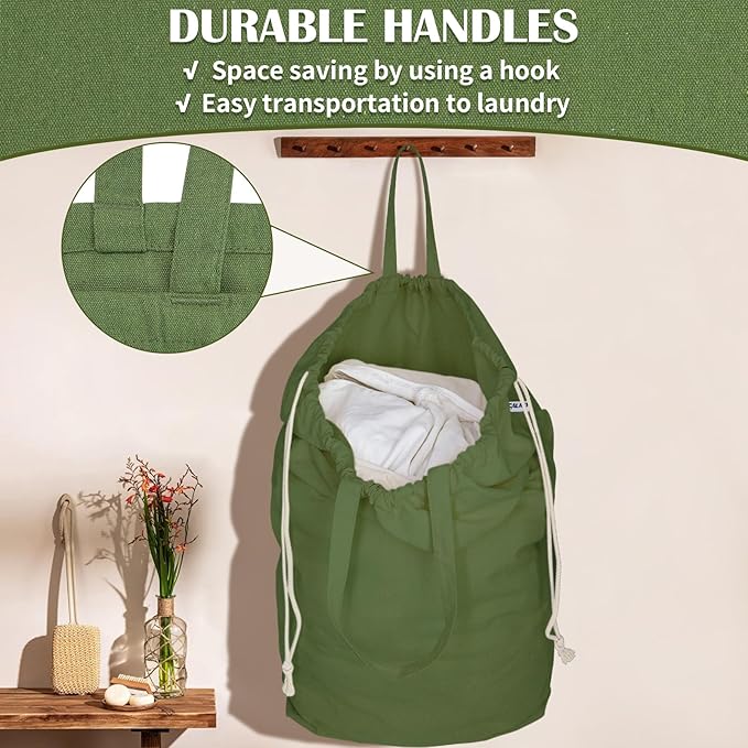 Canvas Laundry Bags with Handles & Square Base 13.8"Wx13.8"Dx27.6"H | Extra Large Heavy Duty Laundry Basket Hamper Liner Replacement, Washable Drawstring Dirty Clothes Bag, Army Green