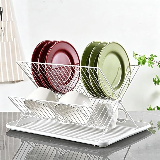 White Foldable 2-Tier Dish Rack - Heavy-Duty Metal Drying Rack with Removable Drip Tray, Collapsible Kitchen Sink Organizer for Plates, Bowls, Cups & Utensils