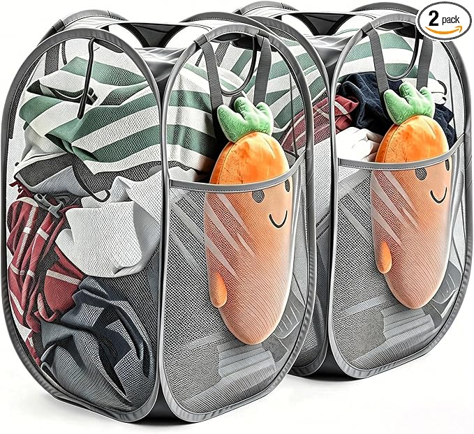 HOUSE AGAIN 2Pack Strong Mesh Pop Up Laundry Hamper, 70L Collapsible Laundry Basket with Steel Frame, Double‑Stitched Handles & Side Pocket, Foldable Dirty Clothes Hamper for Dorm, Bedroom, Grey