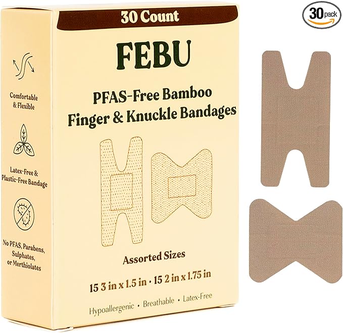 FEBU PFAS Free Bamboo Fingertip Bandages, 30 Count Knuckle & Finger | Eco-Friendly, Flexible Fabric Wound Dressing, Fully Compostable, Latex Free
