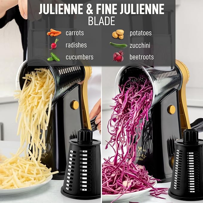 Zulay Kitchen Rotary Cheese Grater 5 Blade Cheese Shredder - Manual Hand Crank Cheese Grater With Reinforced Suction & 5 Interchangeable Drums - Easy to Use, Vegetable Chopper Round Mandoline Slicer