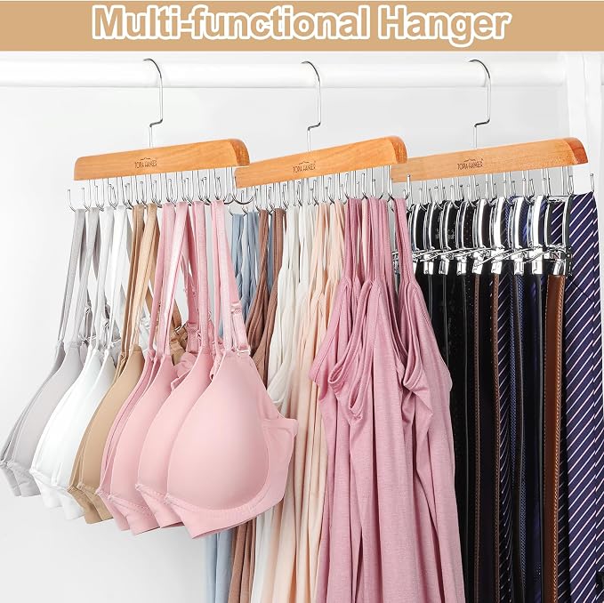 TOPIA HANGER Bra Hanger for Closet, Tank Top Hangers Space Saving Natural | 20 Foldable Hooks, 360°Rotating Hooks, Easy to Install, Durable Solid Wood, Space Saving Storage for Bras, Tank Tops, Belts