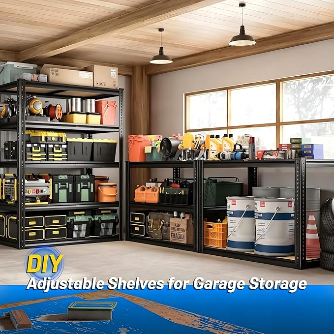 ROOMFAVE Garage Shelving Adjustable 5 Tier Storage Shelves Heavy Duty 72" H | 2200LBS Heavy Duty Metal Shelving Utility Rack for Basement, Warehouse, Commercial, Pantry, 35.5" L x 16" W x 72" H,Black