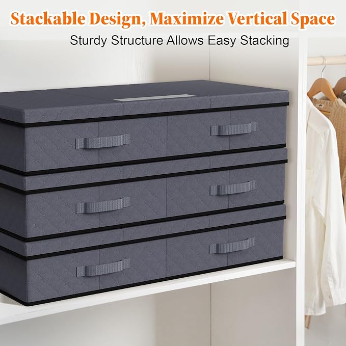 StoreHappily Under Bed Storage Containers with Lids - 3 Pack, Foldable and Stackable Clothes Storage Bags with Clear Window, 3-Sided Handles and Label Slot for Clothing, Blankets, Pillows (Grey)