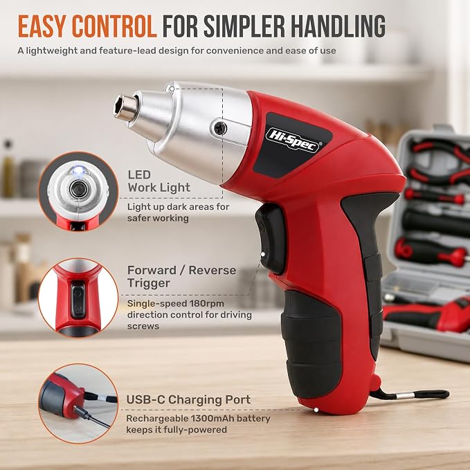 Hi-Spec 4V USB Electric Screwdriver Tool Kit for Home Repairs, Red | 42pc, fast assembly help, common screw bit selection, LED visibility, compact grip, quick household fixes, organized storage