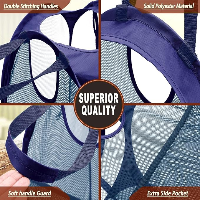 HOUSE AGAIN 2Pack Strong Mesh Pop Up Laundry Hamper, 70L Collapsible Laundry Basket with Steel Frame, Double‑Stitched Handles & Side Pocket, Foldable Dirty Clothes Hamper for Dorm, Bedroom, Blue