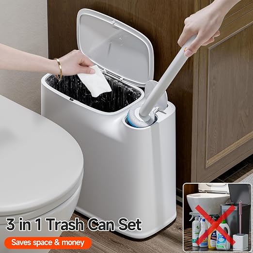 CTIME Bathroom Trash Can Set - Narrow White Plastic Small Trash can, a Toilet Wand, Toilet Brush Holder and 36 Refills, 2 Gallon Trash can with pop-up lid, Suitable for bathrooms and Small Toilets.