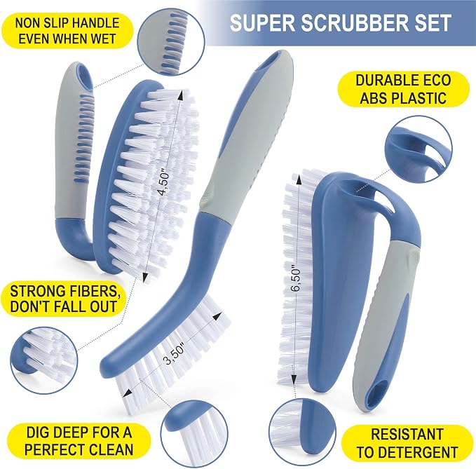 Scrub Brush Set of 6 pcs - Red or Blue Randomly Color, Cleaning Shower Scrubbers with Squeegee for Shower Glass & Adhesive Wall Hooks Including Grout Cleaner Brush for Cleaning Bathroom, Tile