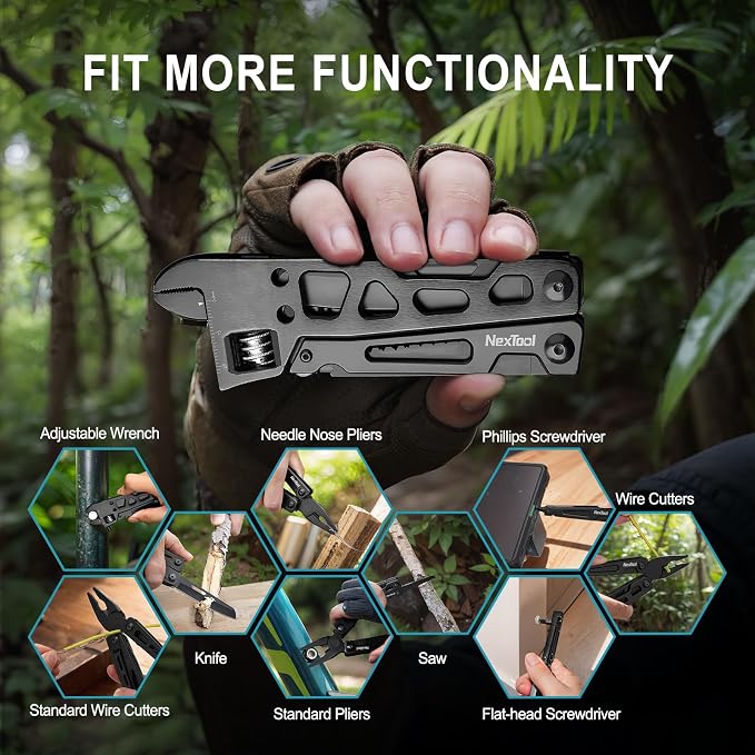 NexTool W3 Adjustable Wrench Multitool, 9-in-1 Folding Pliers | 20mm Jaw Opening, Locking Knife, Saw, Nylon Sheath, Heavy-Duty Stainless Steel Tool for Mechanical Repair, Camping, DIY