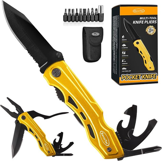 15-in-1 Pocket Multitool Knife - Folding Knife with Pliers, Bottle & Can Opener, Phillips Screwdriver + 9 Bits, Nylon Sheath - EDC Multi Tool for Camping, Hiking & DIY - Gifts for Men & Dad