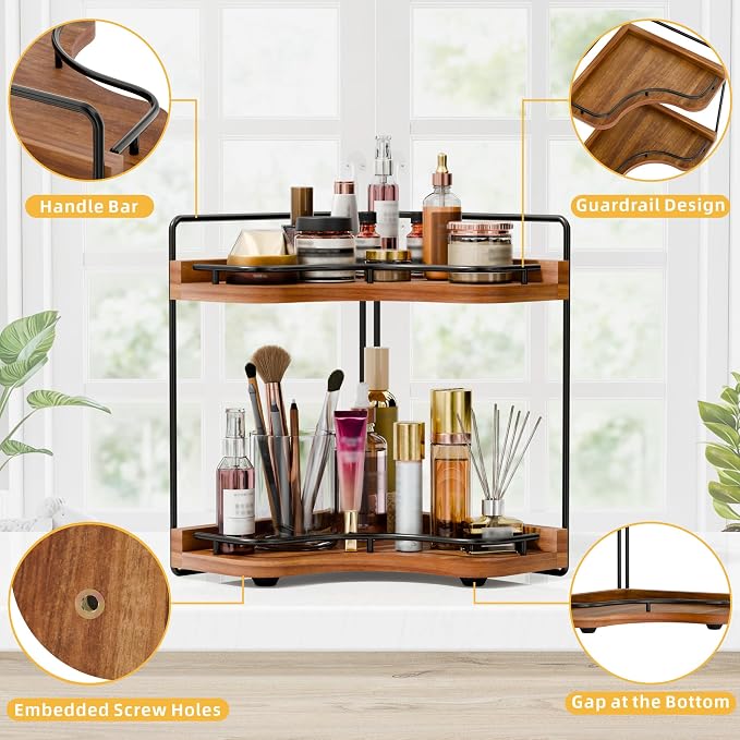 2-Tier Corner Bathroom Counter Organizer, Larger Size | Embedded Screw Holes, Sturdy & Stable, Oversized, Holds More, Vanity Shelf for Makeup & Skincare, Acacia wood-Brown