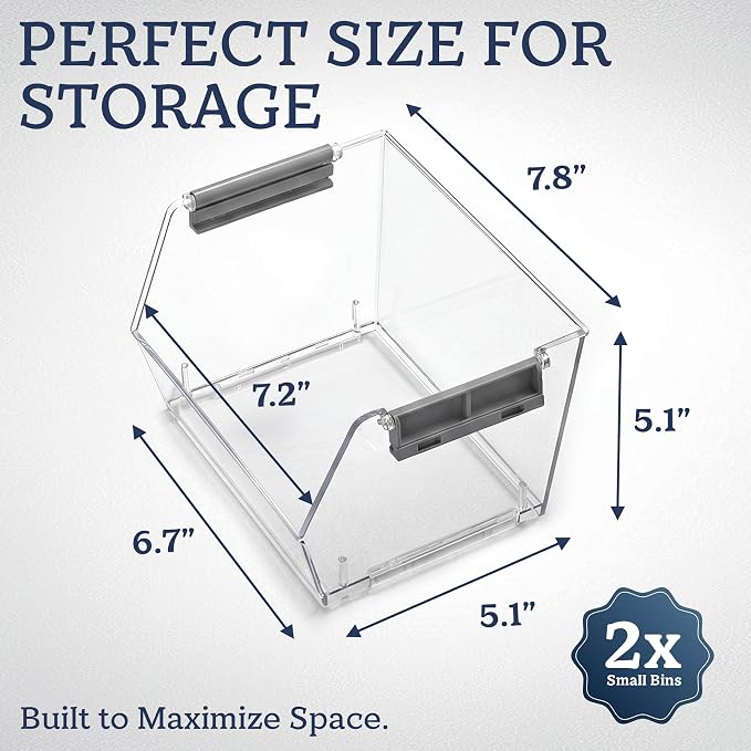 HOMESTEAD Set of 2 Small Stackable Storage Bins, Clear Plastic Organizer Bins, Open Front Design for Kitchen Pantry, Fridge, Cabinet, Bathroom and Snack Organization