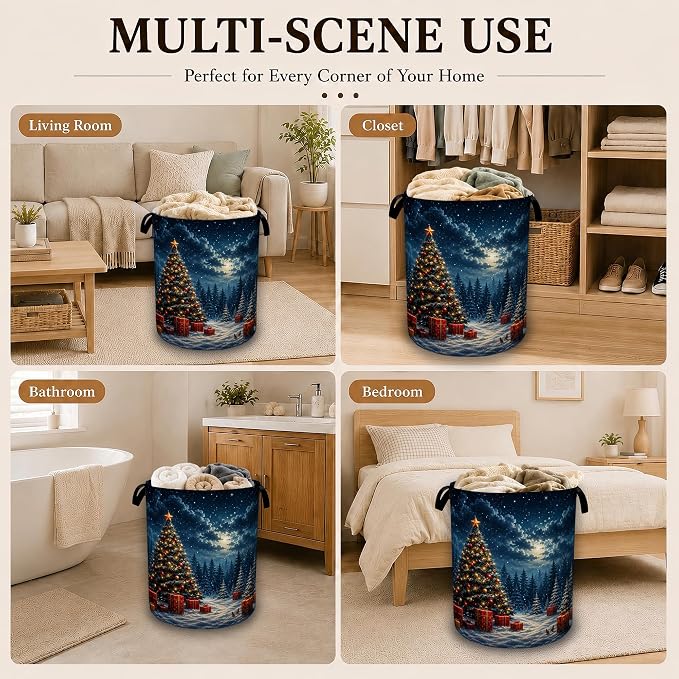 Christmas Tree Collapsible Laundry Hamper for Bedroom，Winter Night Freestanding Oxford Clothes Basket, Large Foldable Storage Bin with Easy-Carry Handles for Bathroom Dorm Laundry Room