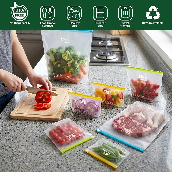 SPLF 12 Pack Reusable Slider Gallon Freezer Bags Dishwasher Microwave Safe, Extra Thick 1 Gallon BPA Free Leakproof Food Storage Bags, Containers for Meal Prep, Fruits, Veggies and More