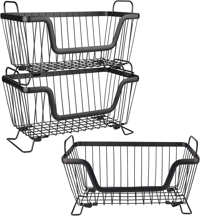 LOTTS Stackable Wire Basket, Metal Pantry Basket, Storage Organizer Bin with Handles, Fruit Basket for Kitchen Cabinets, Pantry, Closets, Bedrooms, Bathrooms (12.66.57.6") - 3 Pack