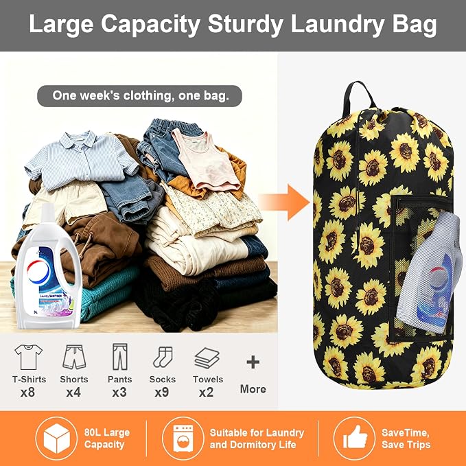 Laundry Bag Backpack Durable Laundry Bag with Shoulder Straps and Mesh Pockets Portable Laundry Hamper Dirty Clothes Bag for College, Travel, Laundromat, Apartment (Sunflower, 2 Pack)